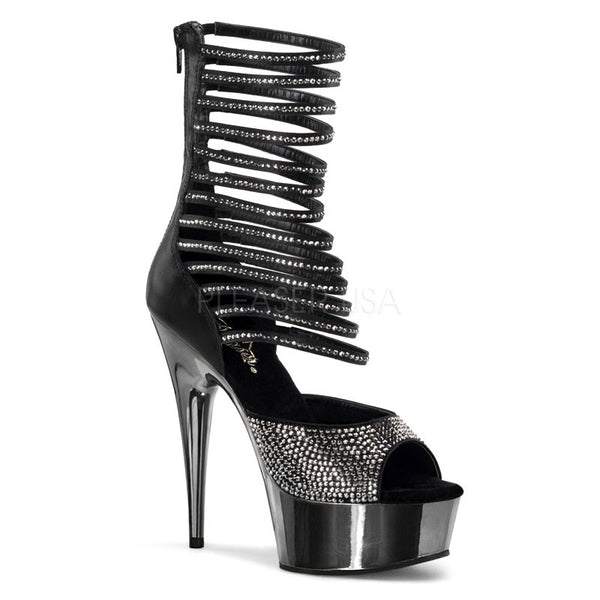 Plateau Sandalette mit vielen Fesselriemchen und Strass, Schwarz