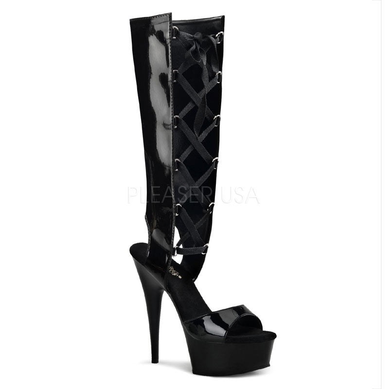 High Heel Plateau Sanadalette mit offener Ferse und Schnürung - Schwarz - Lack
