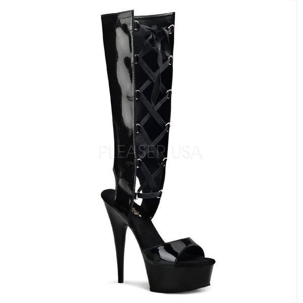 High Heel Plateau Sanadalette mit offener Ferse und Schnürung - Schwarz - Lack