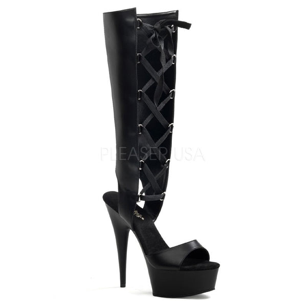 High Heel Plateau Sanadalette mit offener Ferse und Schnürung - Schwarz - Kunstleder
