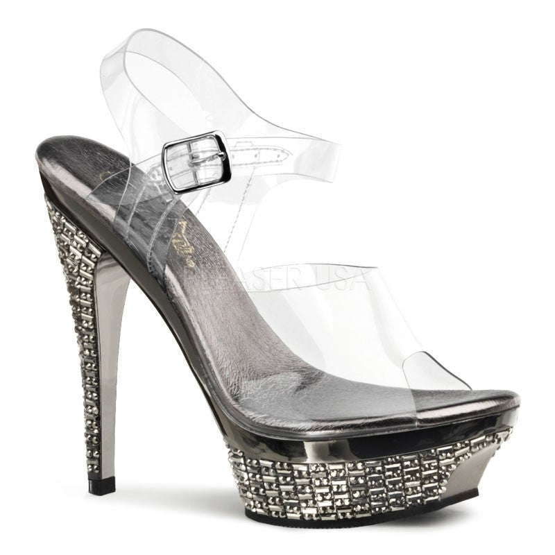 Elegante Pleaser Plateau-Sandalette mit Chrom-Muster