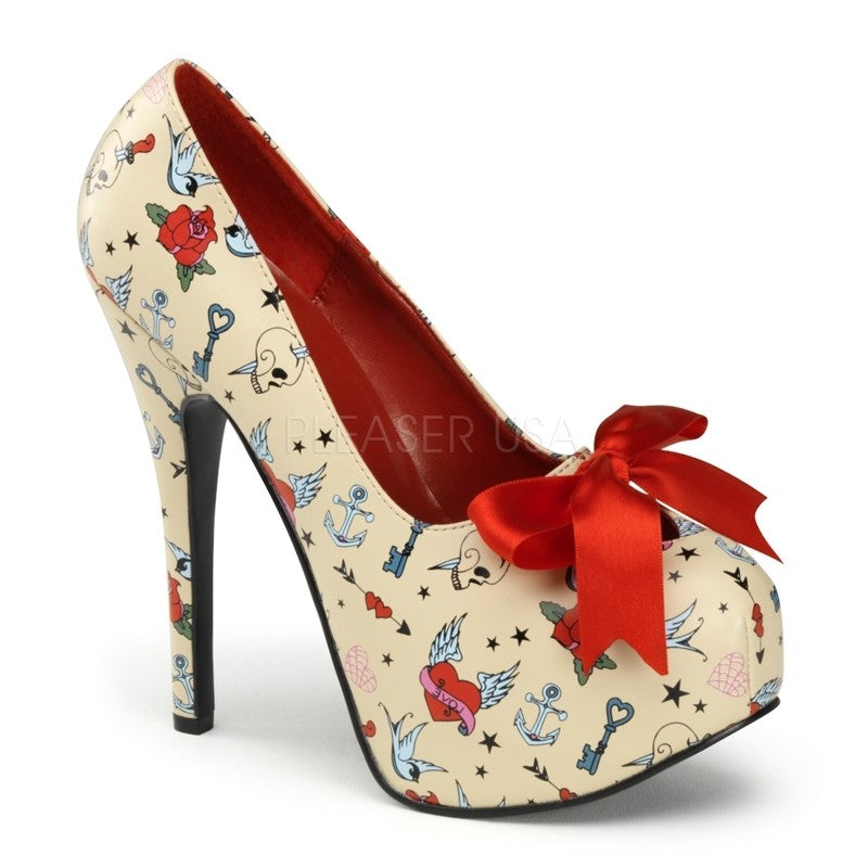 Plateau High Heel Pumps im Tatoolook mit roter Schleife