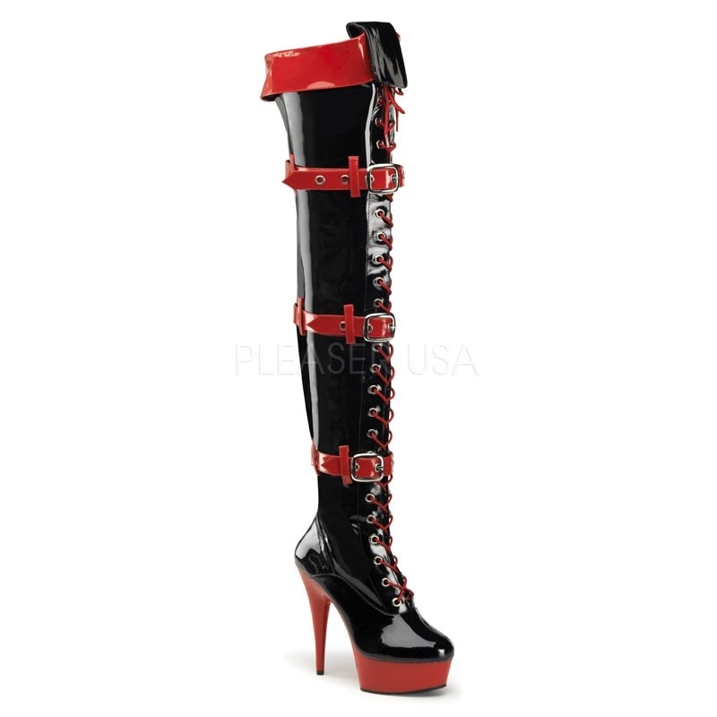 Sexy Overknee-Plateaustiefel - Schwarz / Rot